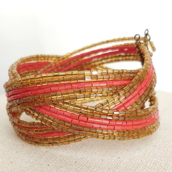 Gold and orange bugle bead memory wire cuff - Picture 8 of 10